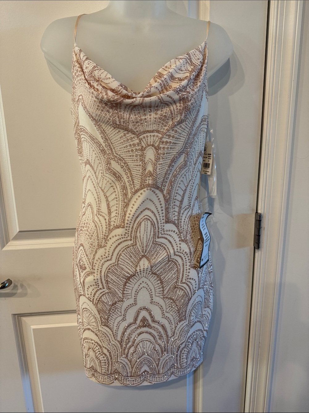 Jump White Mini Slip Dress with Champagne Sequin Pattern